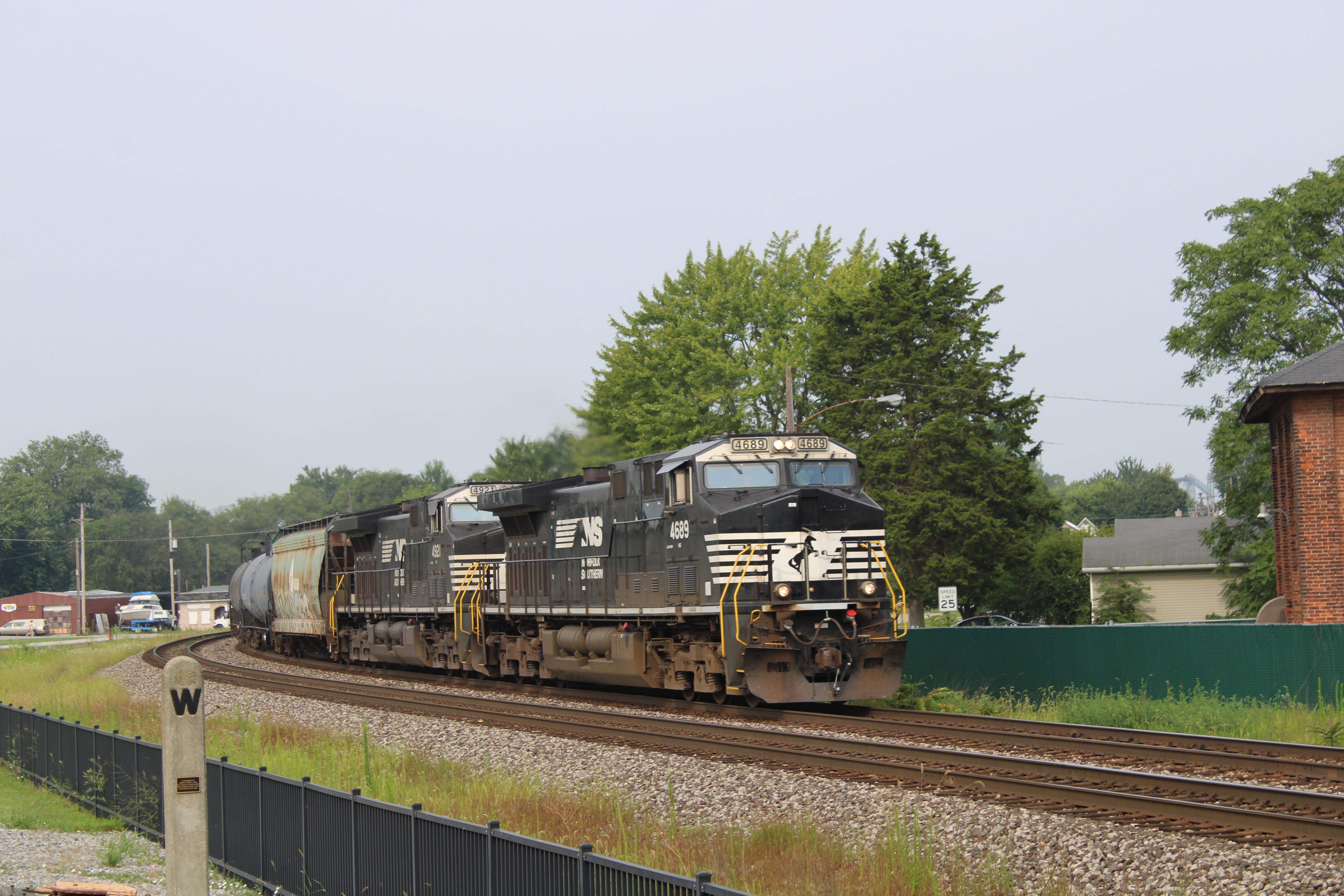 A Norfolk Southern train rounds a corner