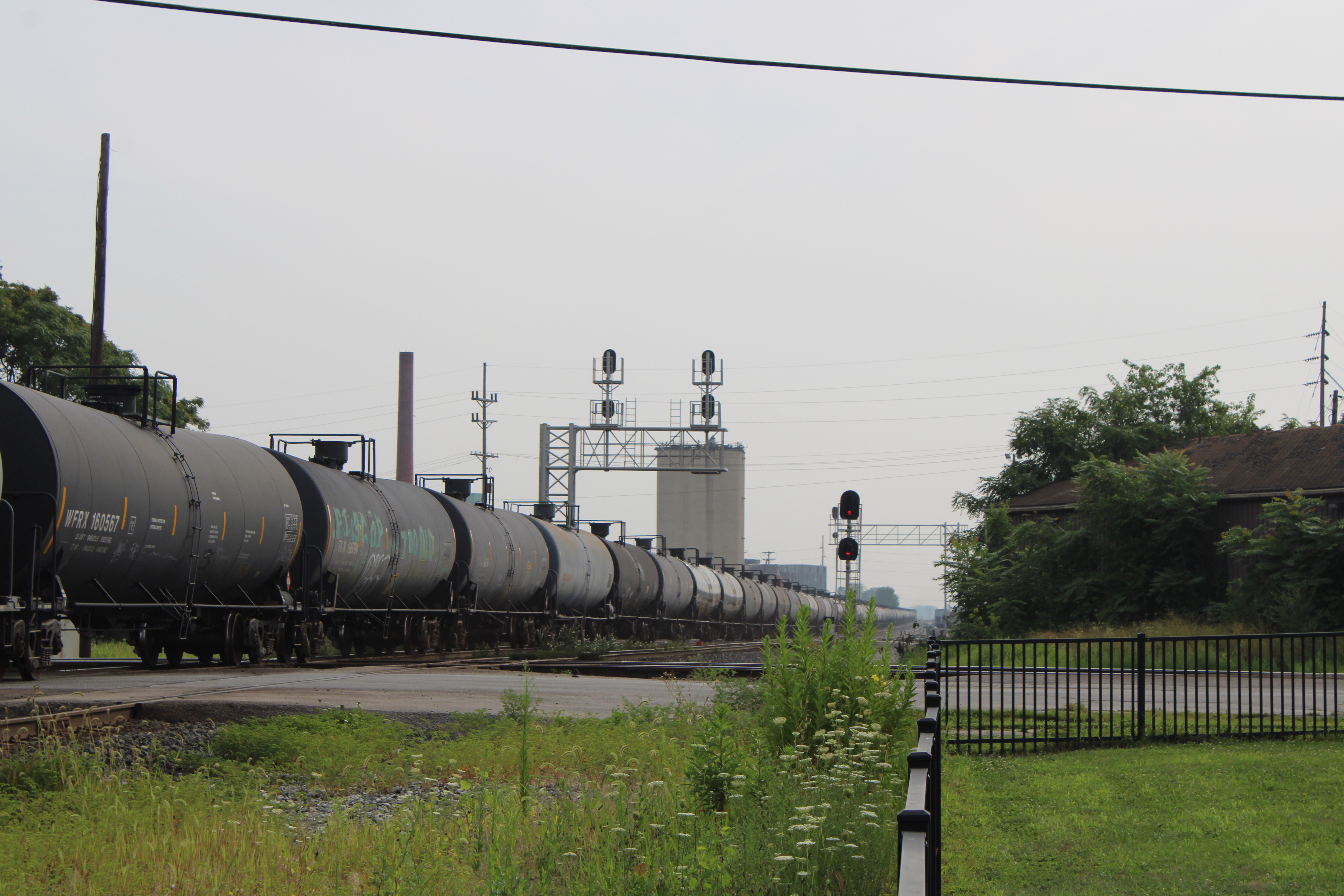 A long line of tanker railcars