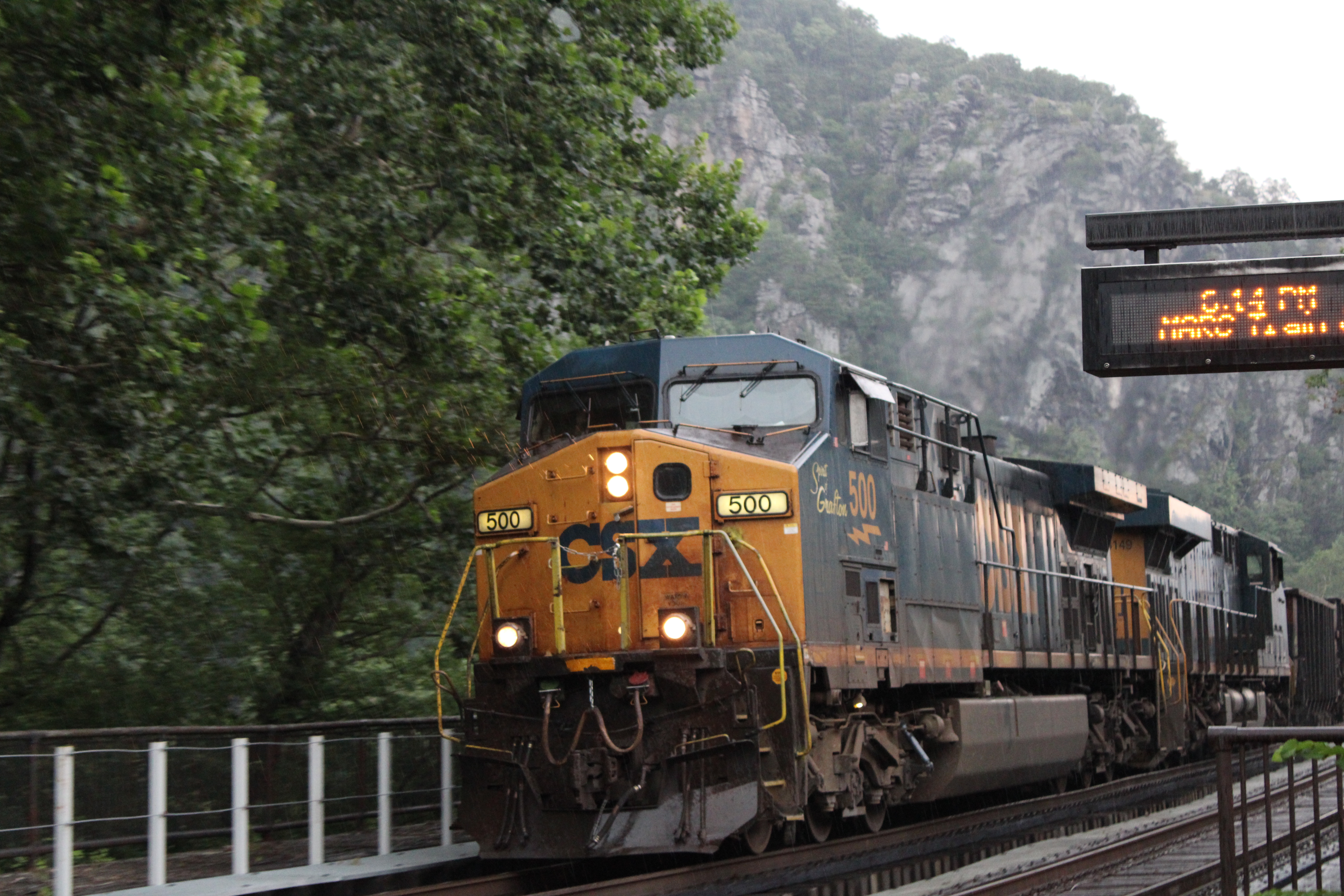 A CSX train in the rain